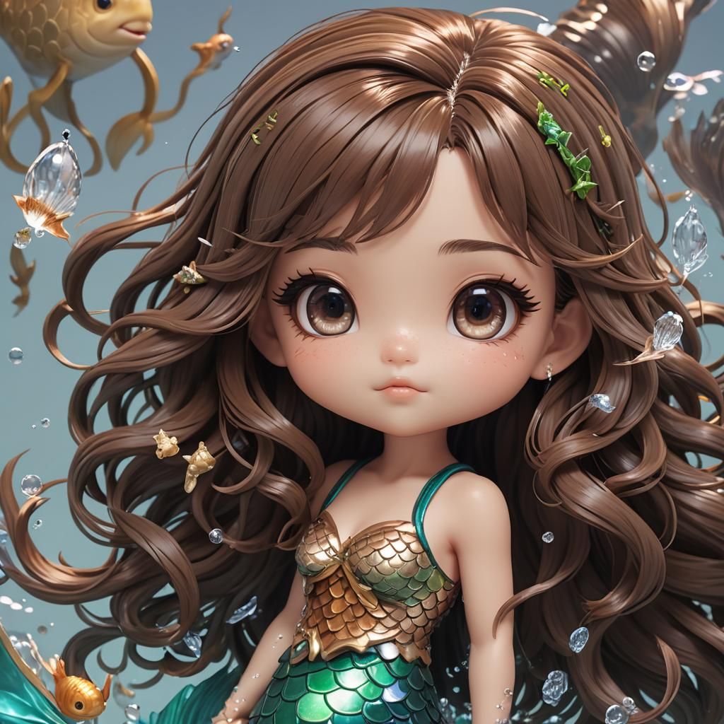 Chibi Mermaid with Brown Hair in Anime Style
