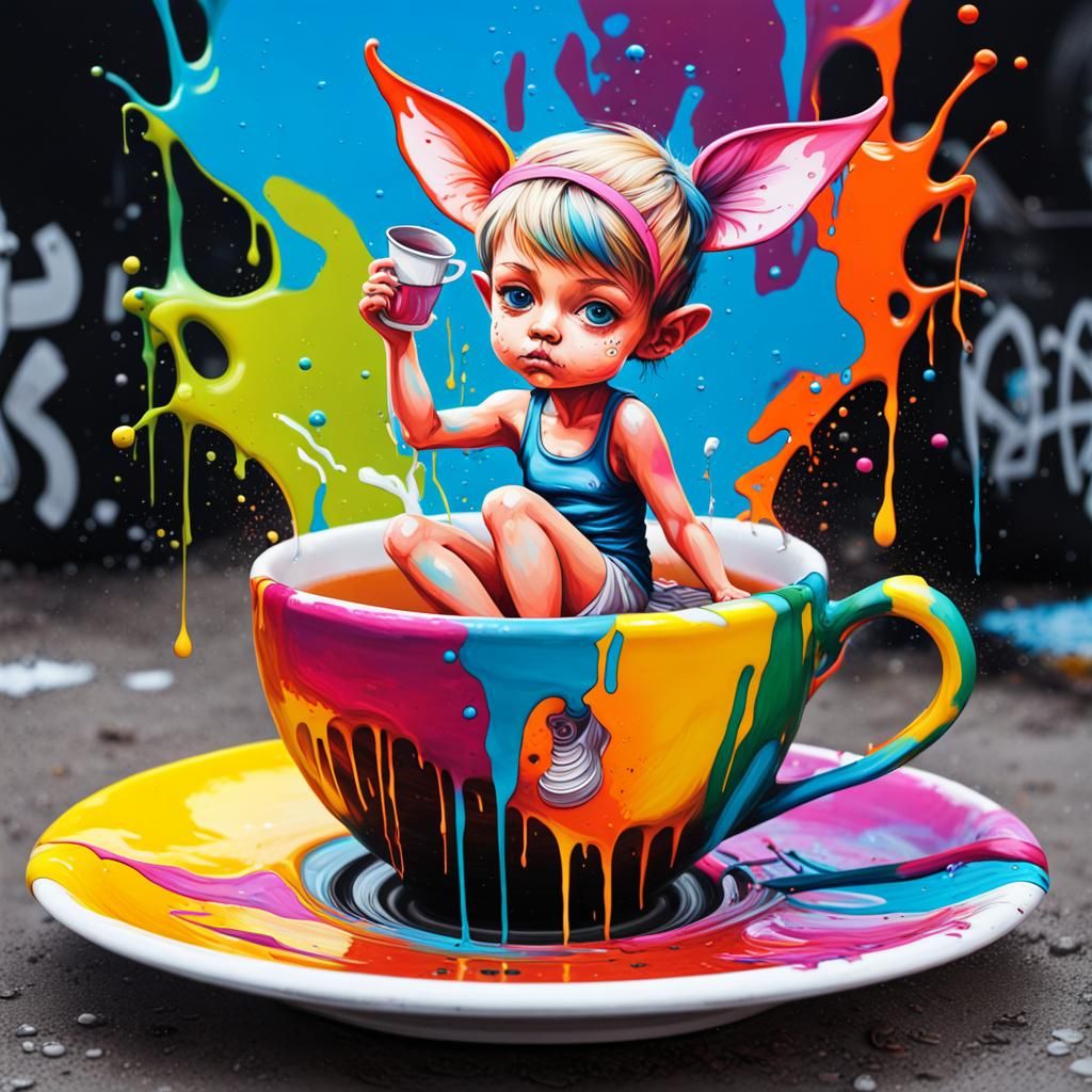 Playground Tea cup pixie playing ,graffiti art, splash art, street art, spray paint, oil gouache melting, acrylic, high...