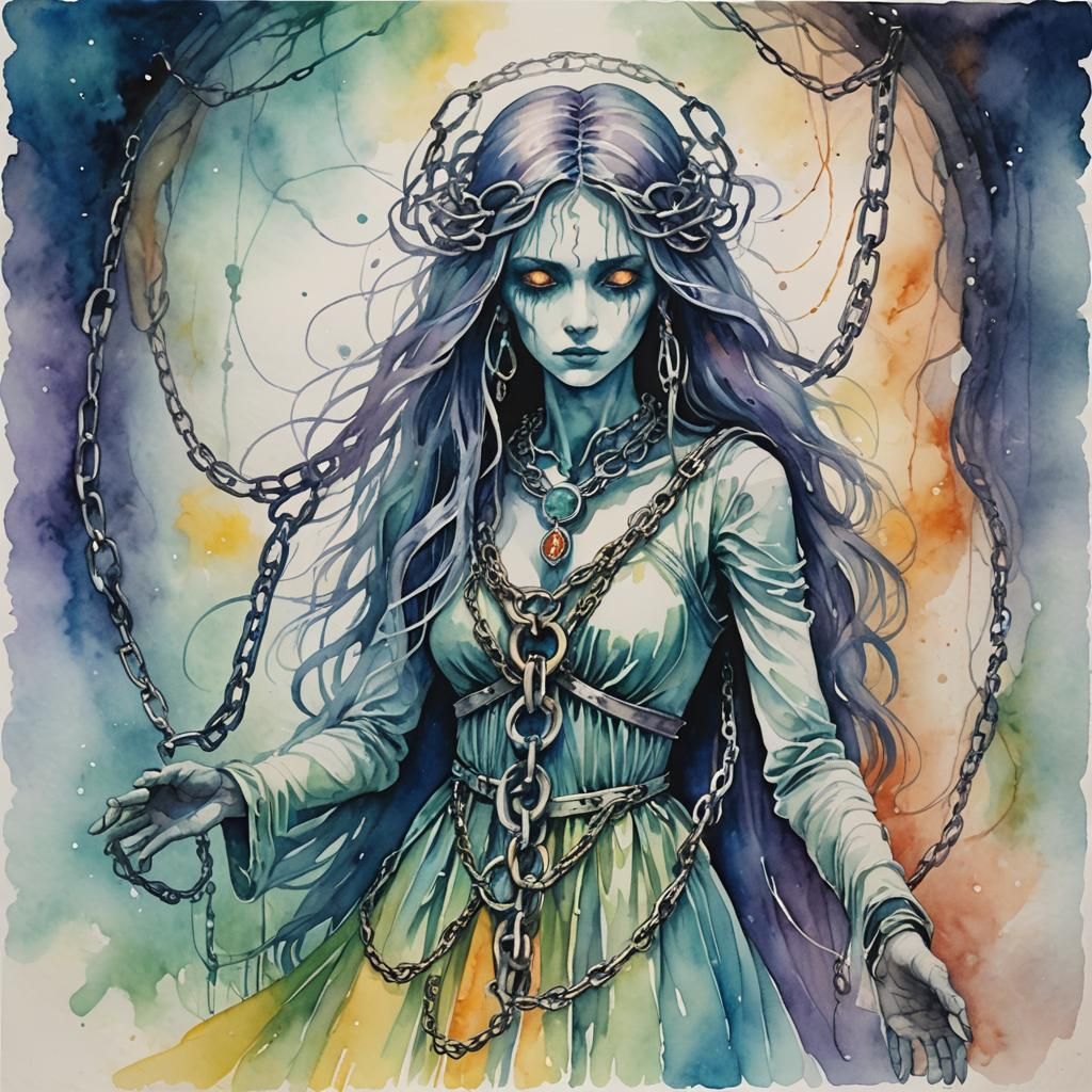 Ethereal Soul Breaks Free from Chains in Watercolor