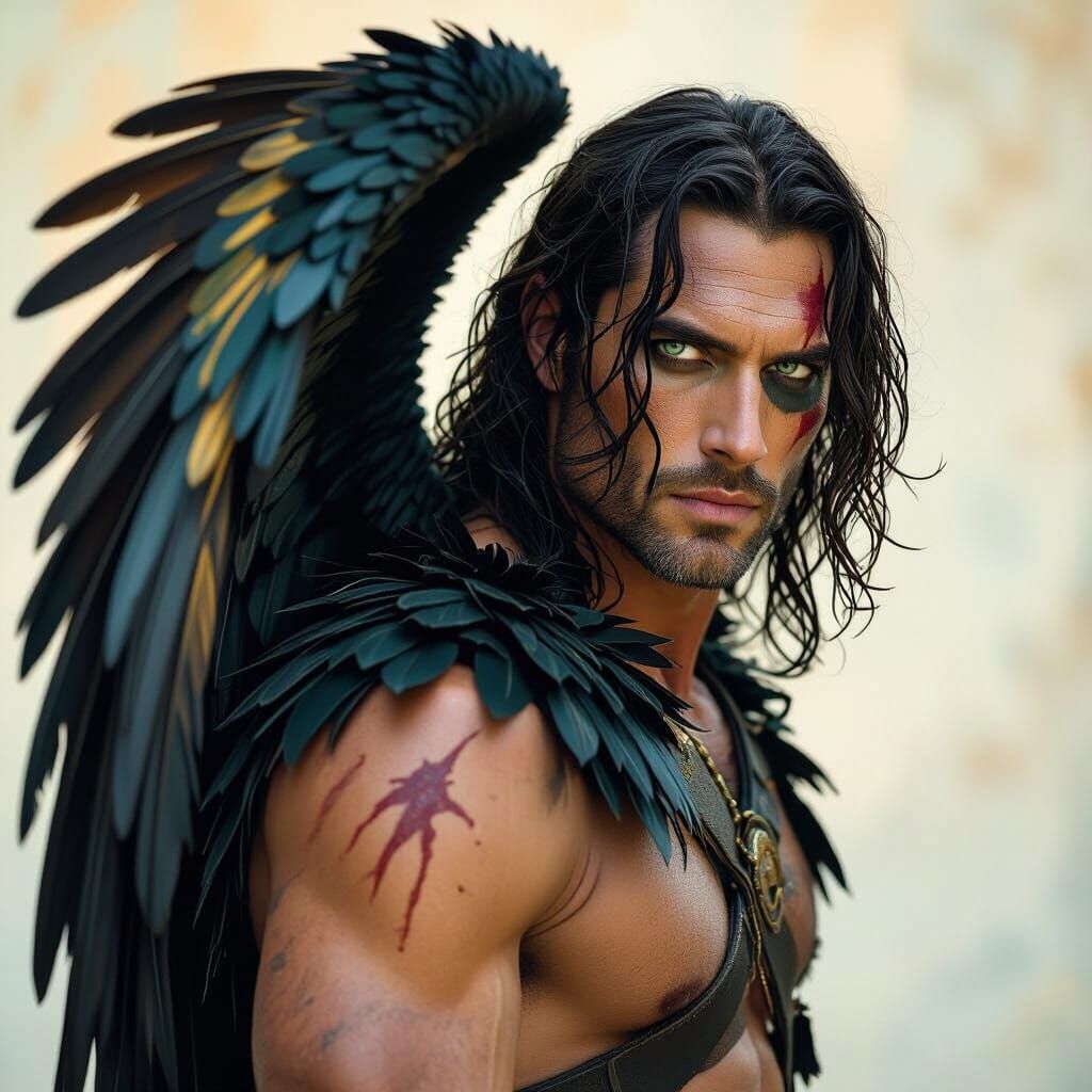 Winged Man with Heterochromia in Cinematic Style