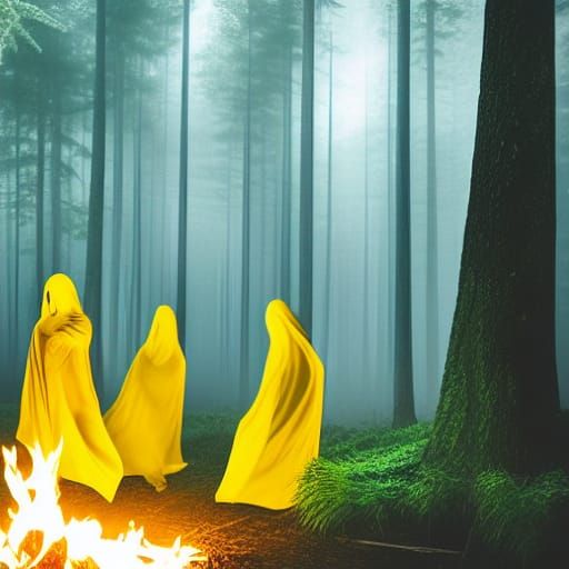 Yellow Cloaked Figures Dancing Around Campfire