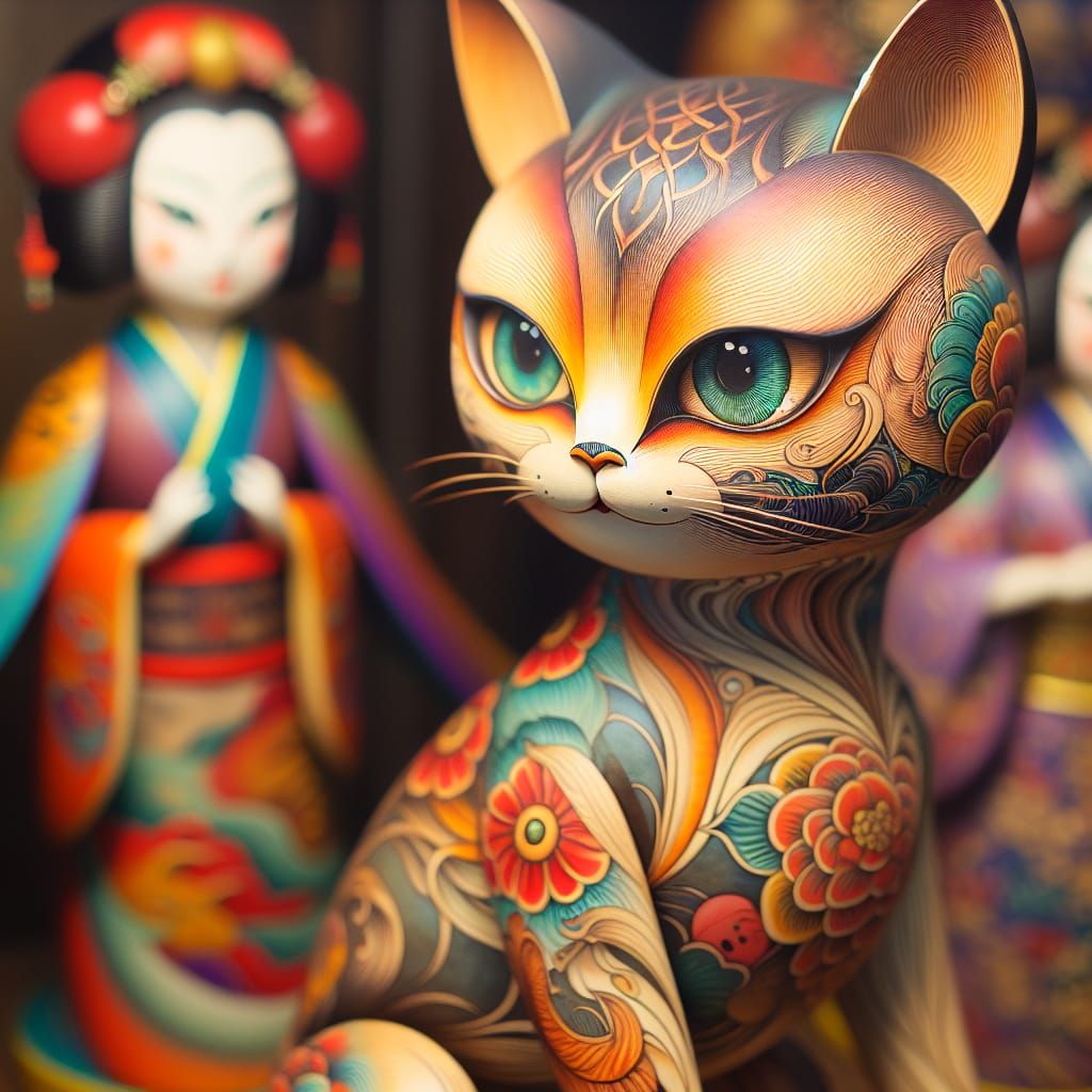 Antique Wooden Cat Doll in Ukiyo-e Style