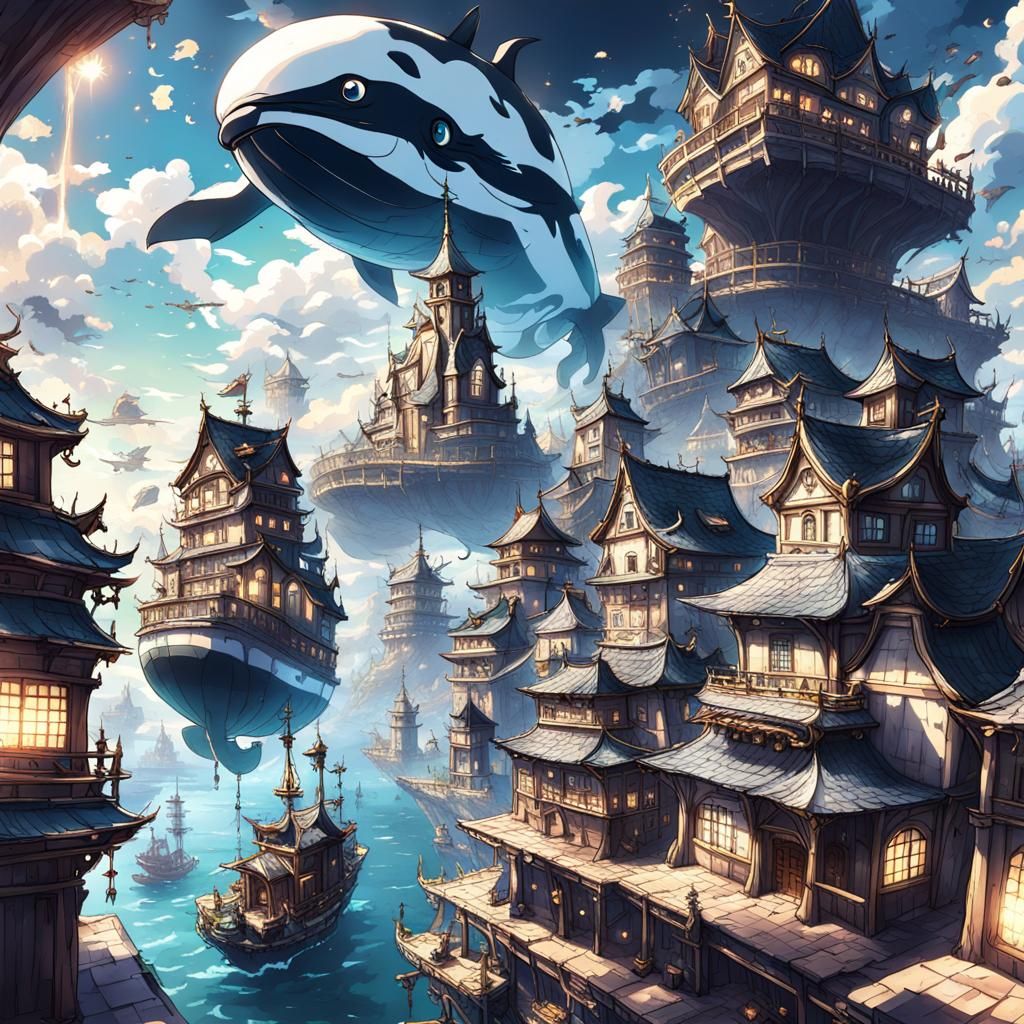 Fantasy City on Flying Whale, Anime Style