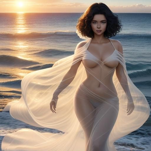 Veiled Woman in Crystalline Sea at Sunset