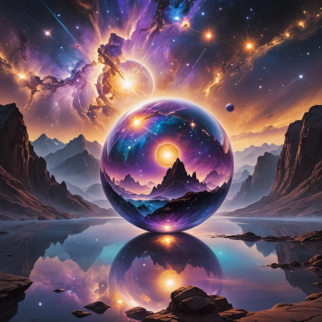 Mirrored Orb Gathering Stars: Surreal Digital Art