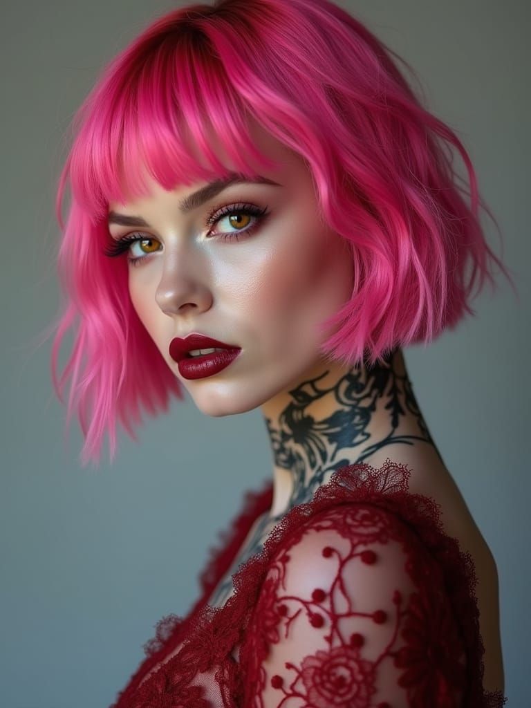 Striking Woman with Pink Hair and Tattoos