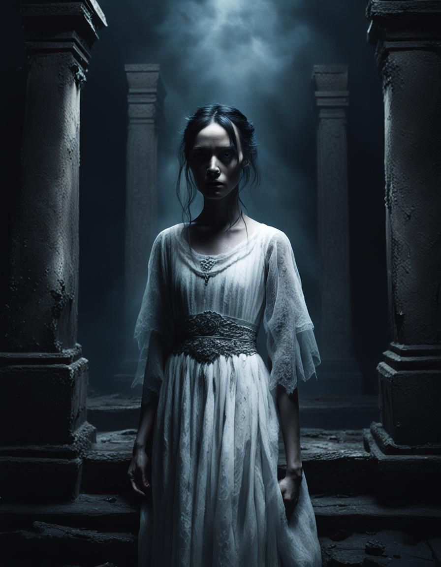 Siamese Ghost in Abandoned Temple: Gothic Horror Art