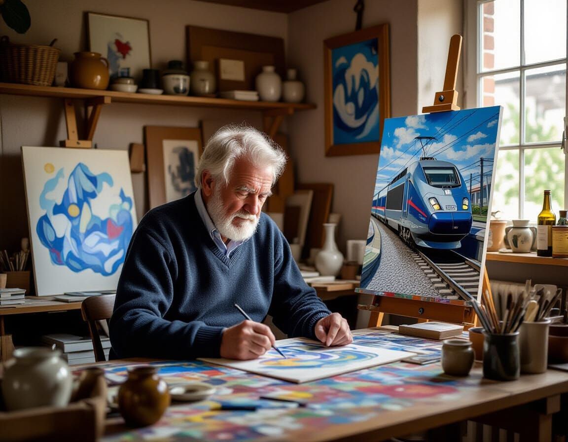 Elderly Artist's Hyperrealistic Digital Painting of French T...