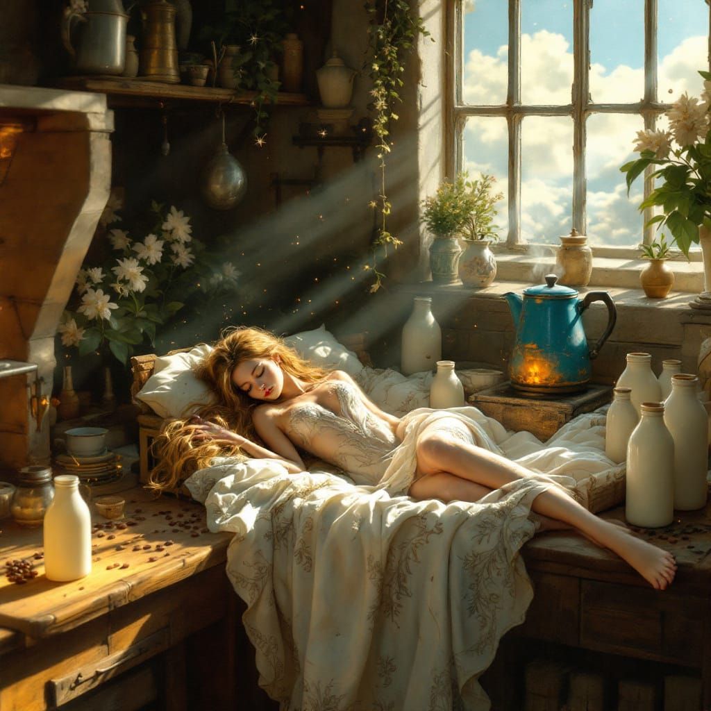 Fairy's Nap in Cozy Kitchen: Dreamlike Oil Painting