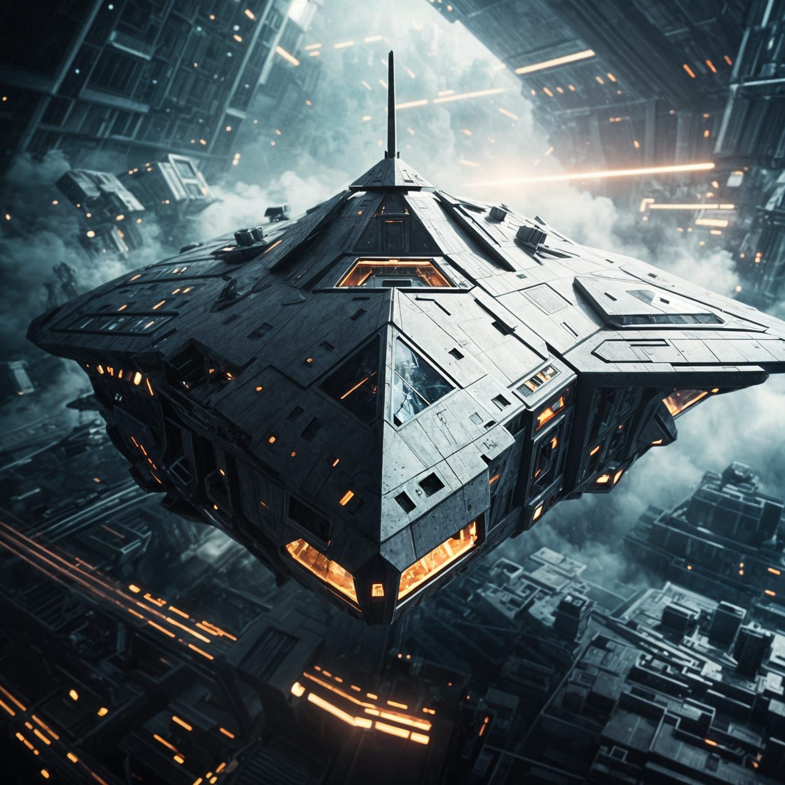 Futuristic Triangular Spaceship Destroyer in Space