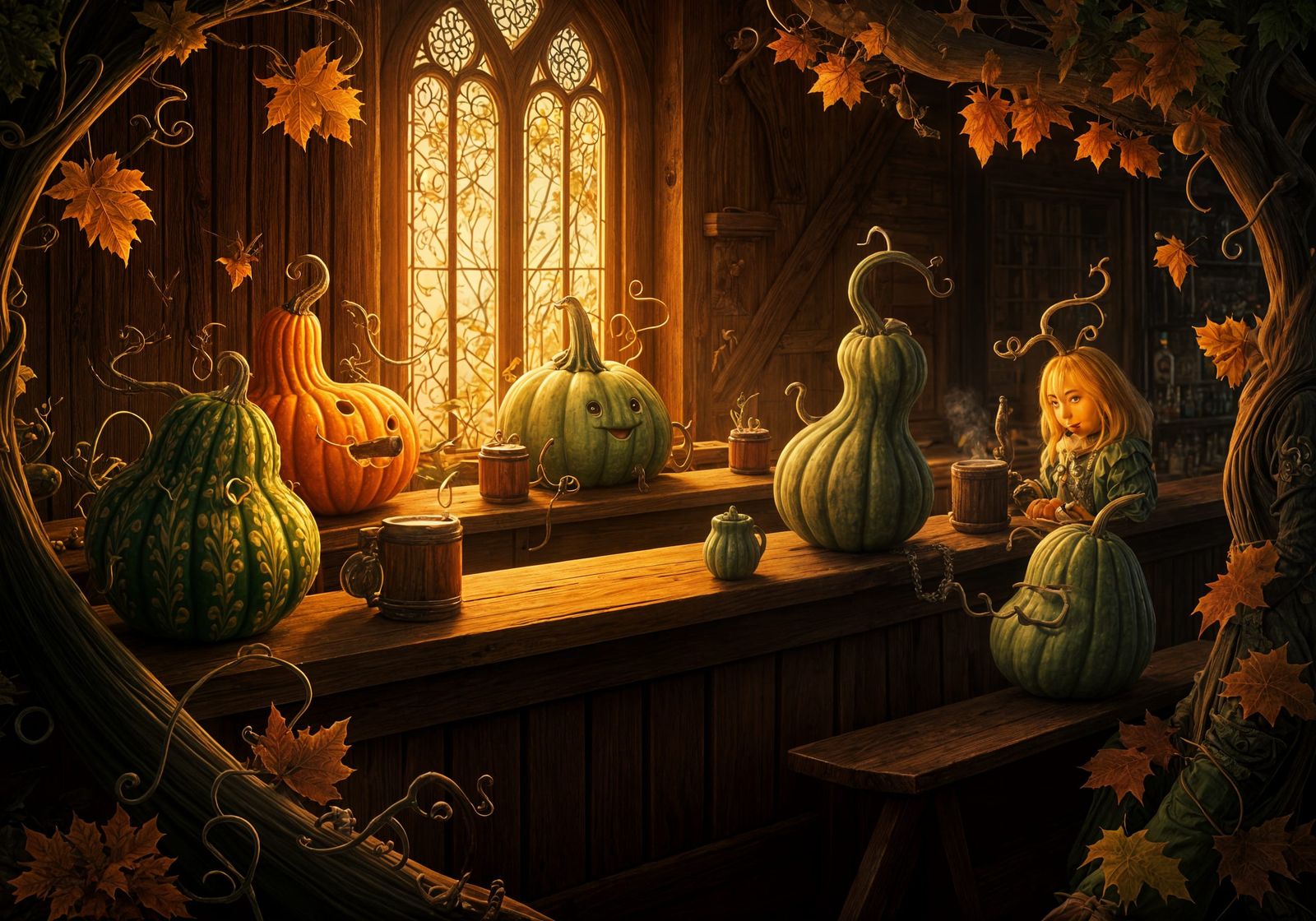 Whimsical Gourds Chatting in an Autumn Bar