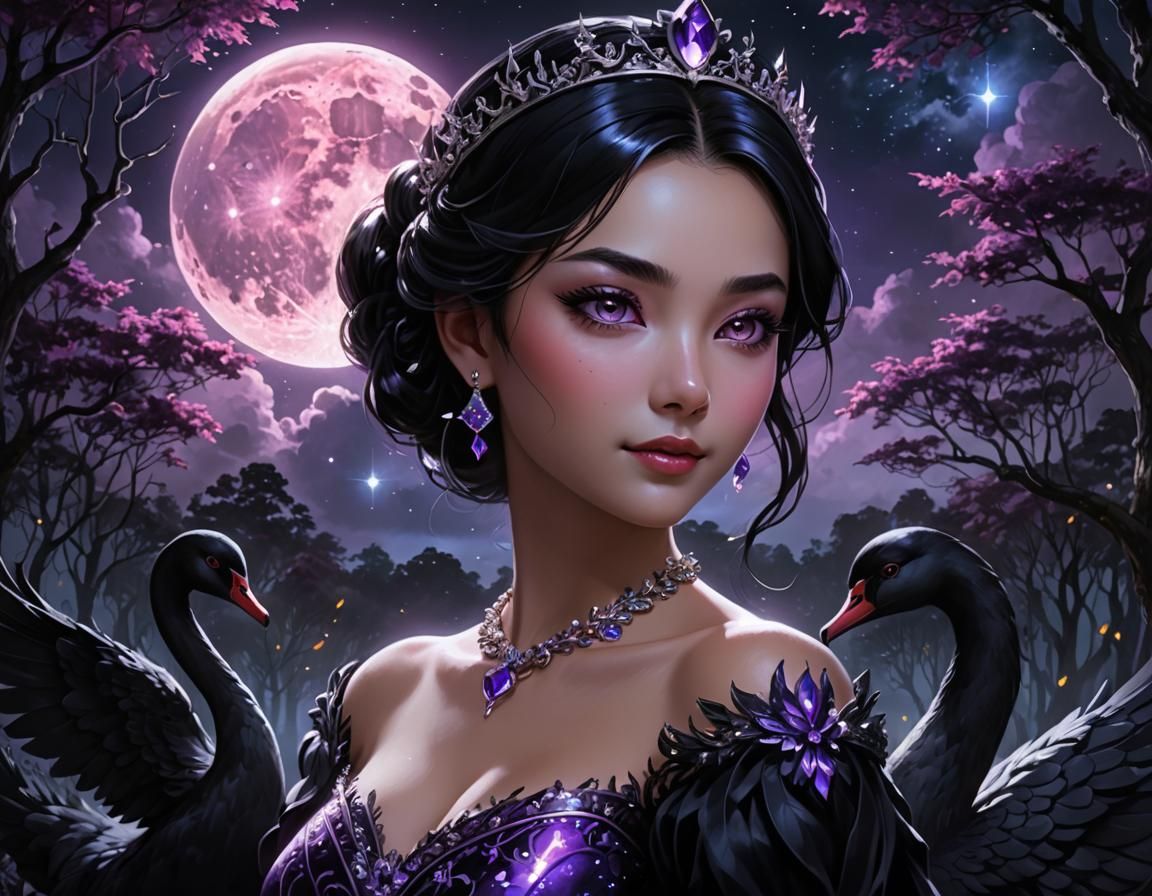 Anime Princess with Black Swans in Dark Forest