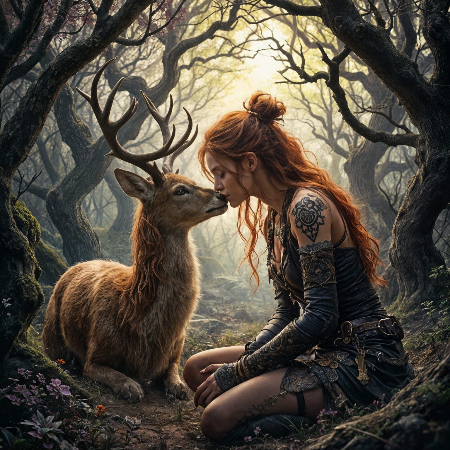 Celtic Warrior Woman Kissing Deer in Pre-Raphaelite Style