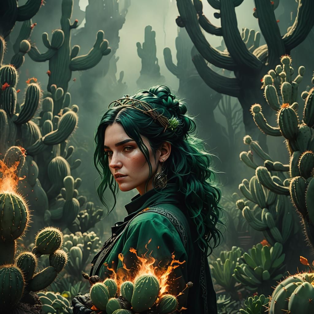 Green-Haired Woman with Cactus in Hyperdetailed Photo