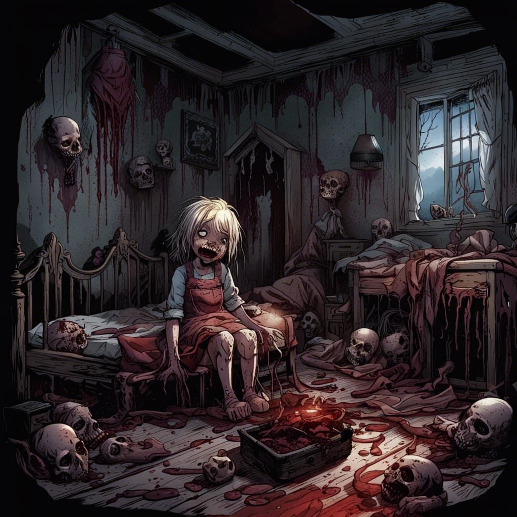 Gothic Horror: Decaying Doll in Dark Bedroom