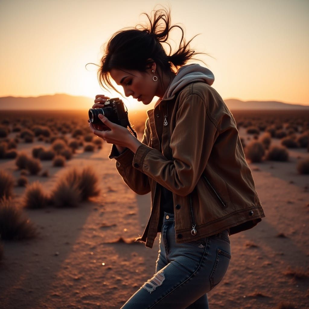 Mojave Desert Sunset: Grungy Oil Painting of Photographer
