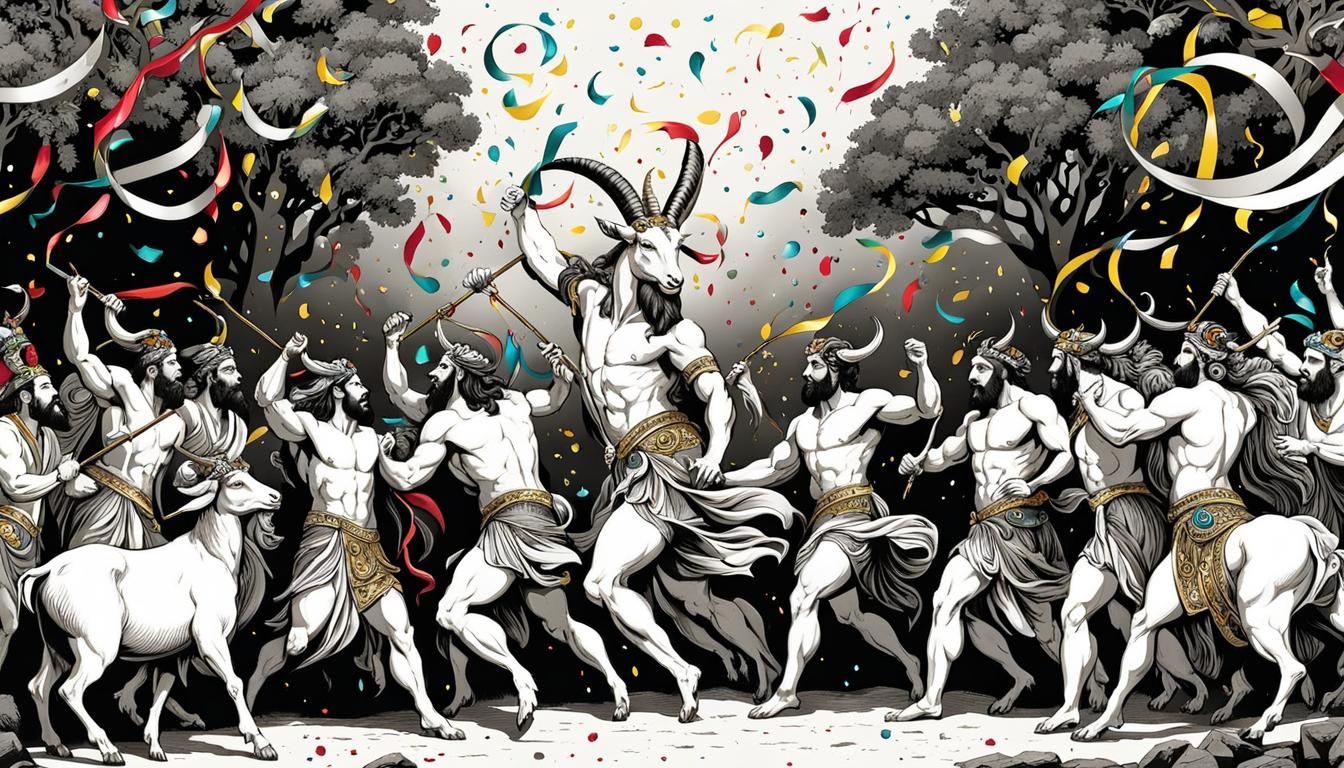 Greek Gods Celebrate With Goat: Ink Illustration
