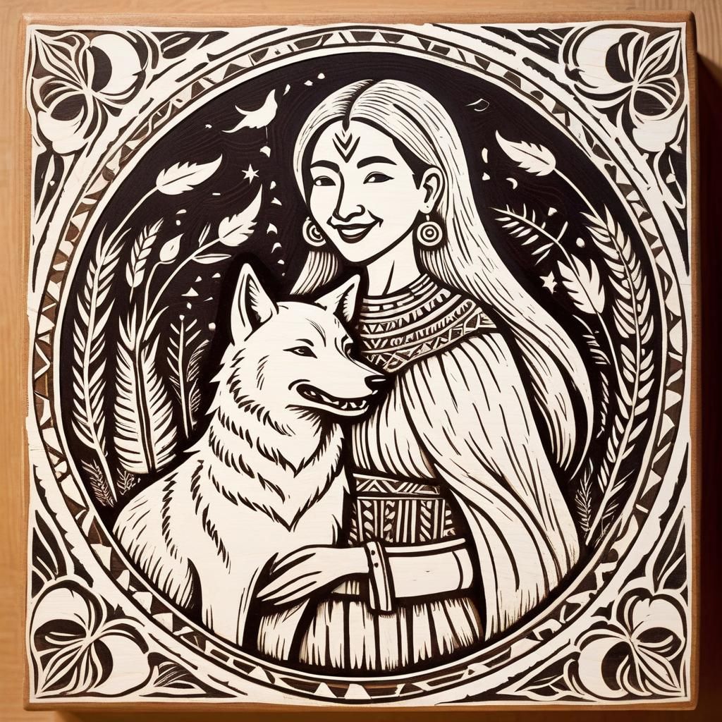 Indigenous Witch and Wolf Woodcut Illustration