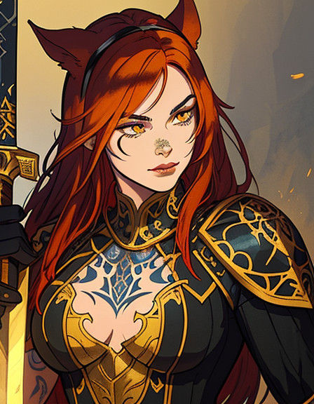 Warrior Woman with Dog Ears and Tattoos in Medieval Armor