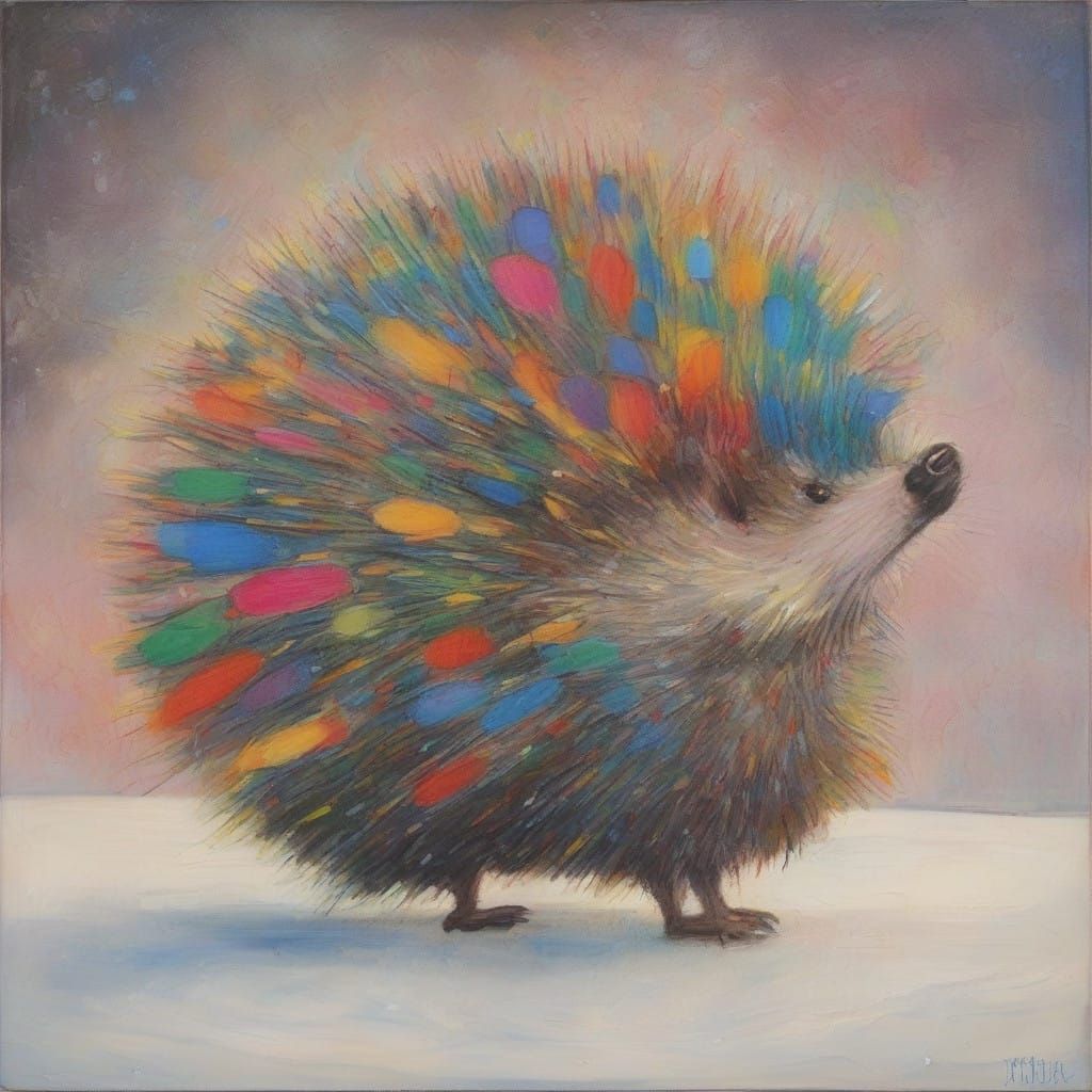 Surrealistic Winter Scene with Hedgehog and Celestial Elemen...