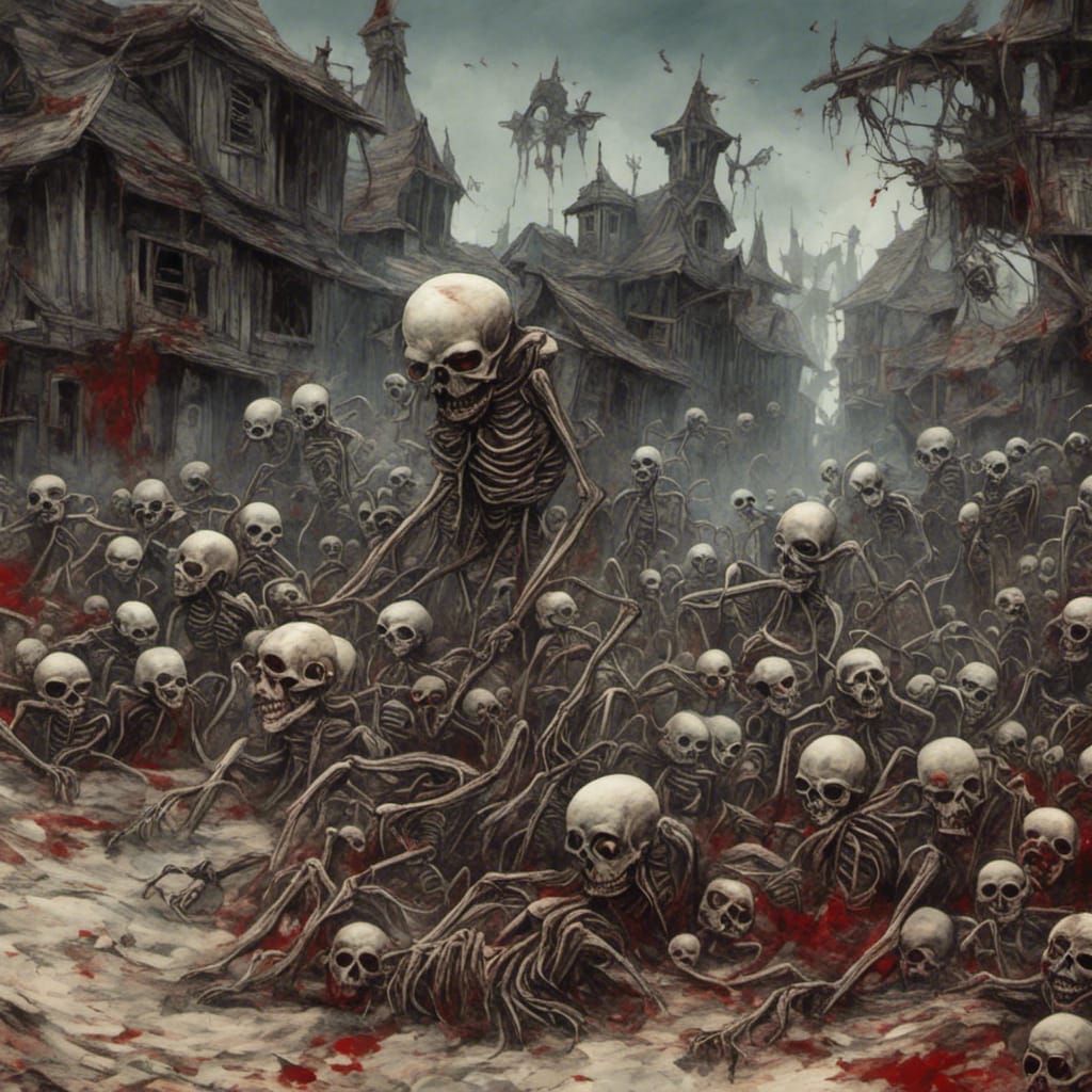 Disturbing Bone Congregation in Psychedelic Horror Style