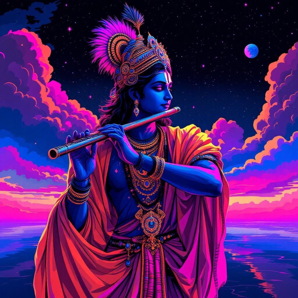 Krishna's Synthwave Flute Serenade in Neon Retro Colors