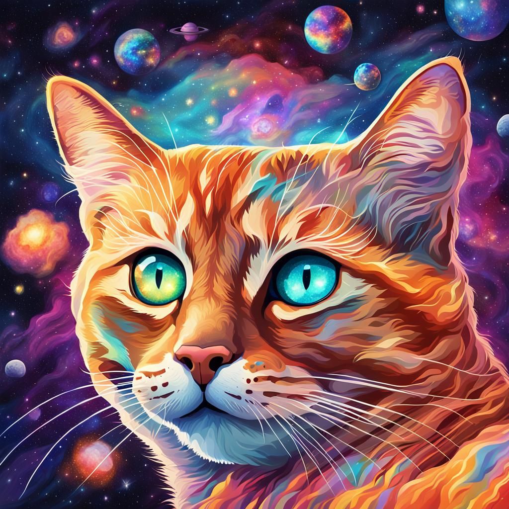 Ginger Cat Floating in Space: Cosmic Illustration