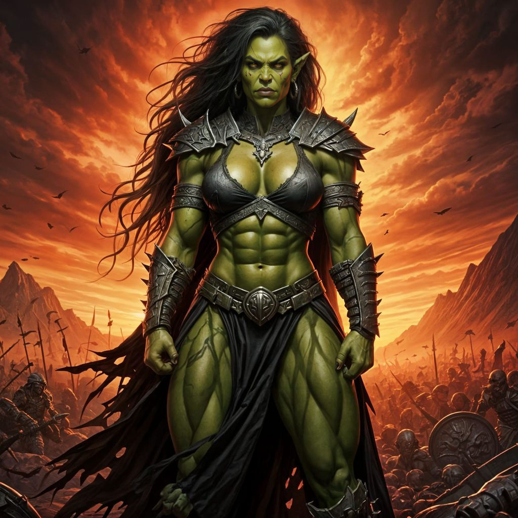 Epic Female Orc Bard Warrior in Dark Fantasy Landscape