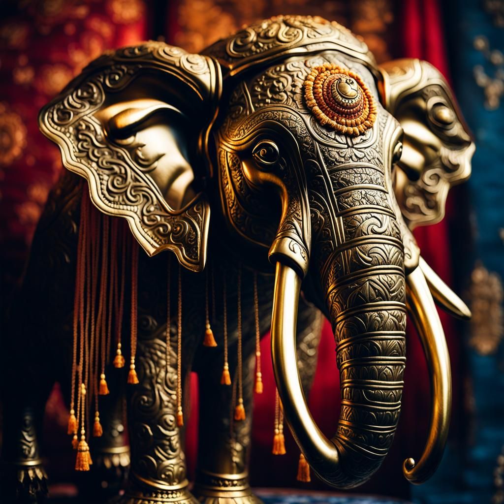 Ornate Brass Elephant Lamp with Indian Lampshade