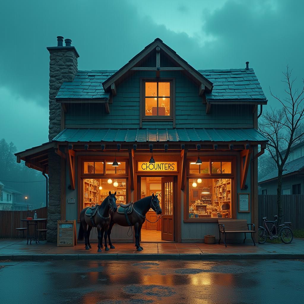 Futuristic Shop with Horses in Cyberpunk Style