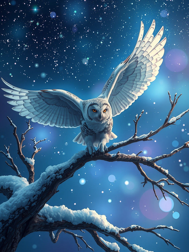 Snowy Owl Under Starry Sky, Ethereal Fantasy Illustration