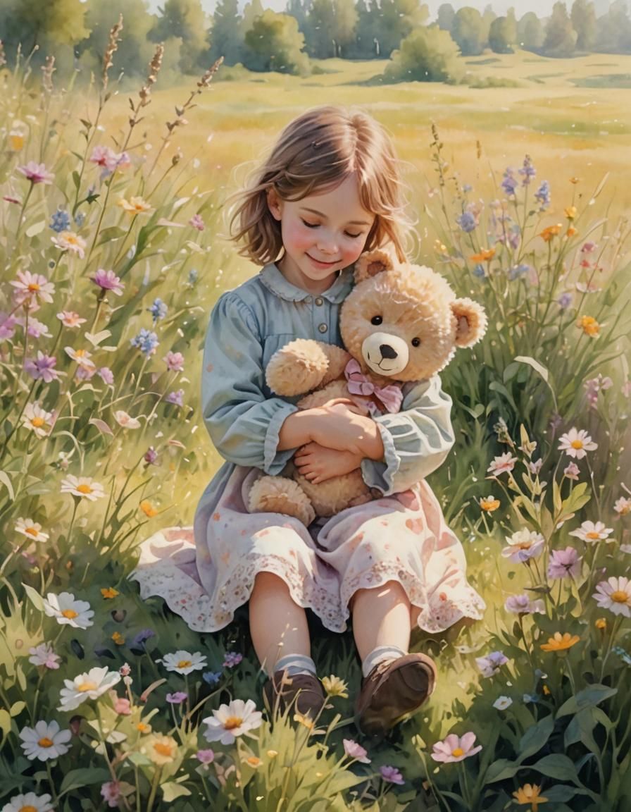 Gentle Child Hugging Stuffed Animal in Watercolor