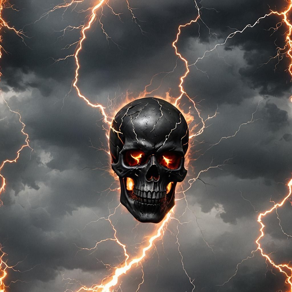 Fiery Black Skull with Lightning Backdrop
