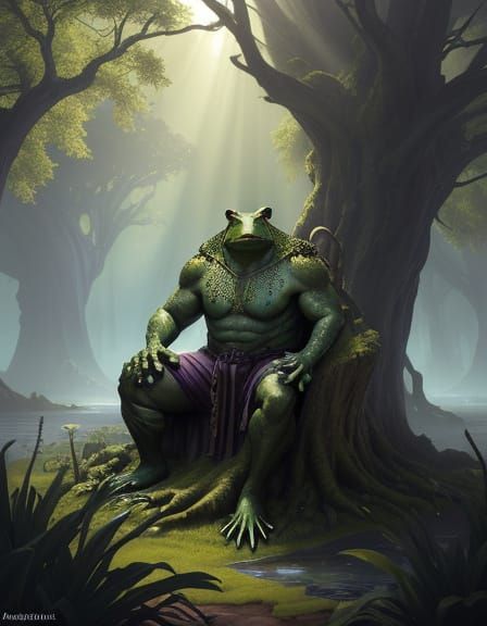 Giant Frog God & Warrior in Dark Fantasy Marsh