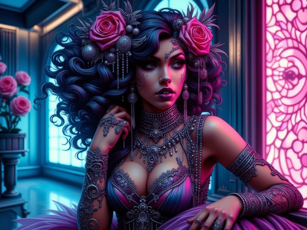 Ethereal Cyberpunk Goddess in Iridescent Gown