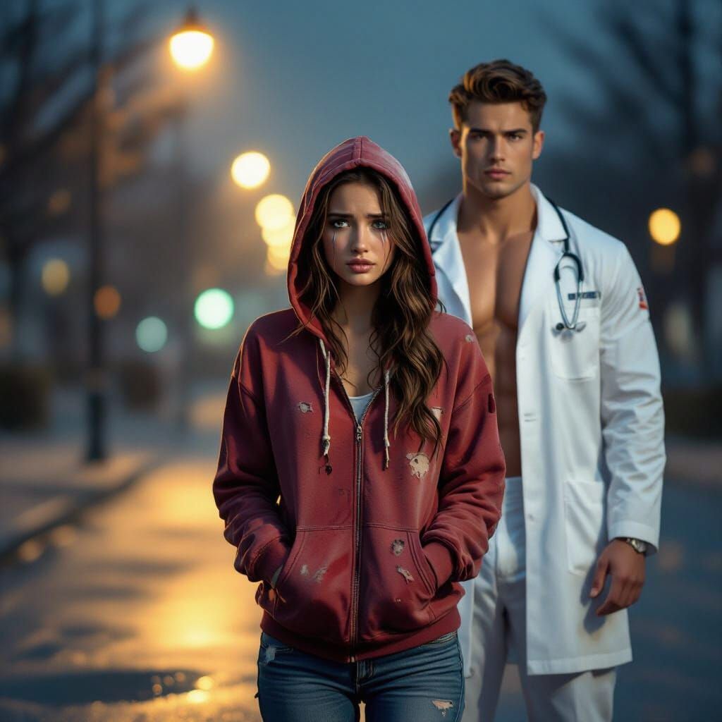 Woman in Red Hoodie Under Streetlights