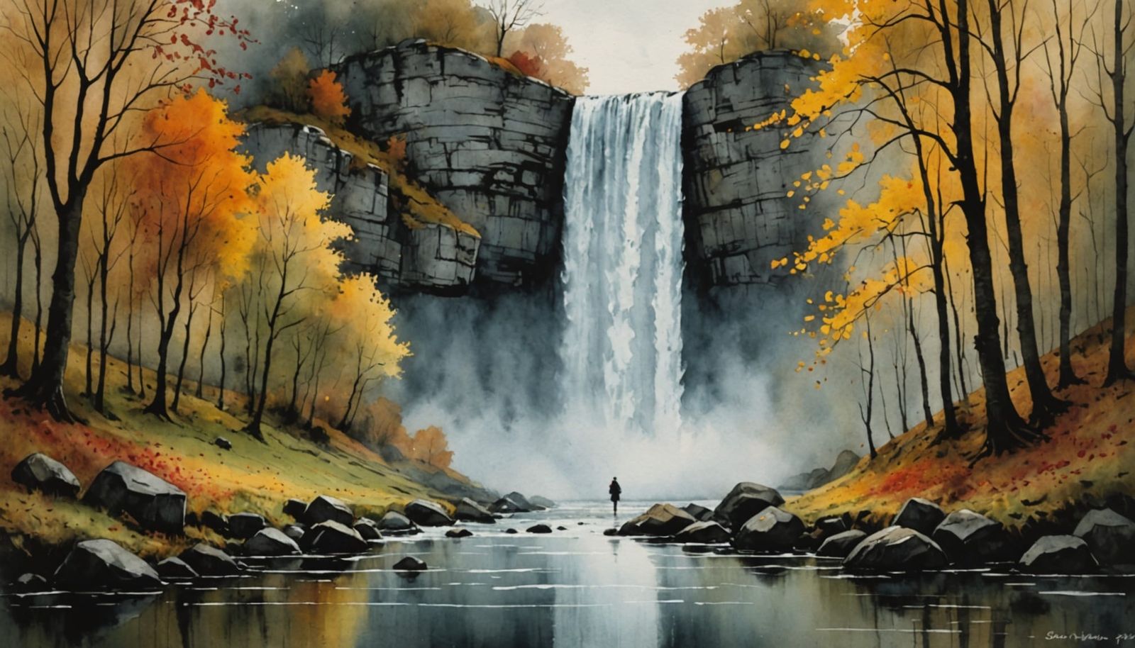 Misty Autumn Waterfall in Chiaroscuro Watercolor Style