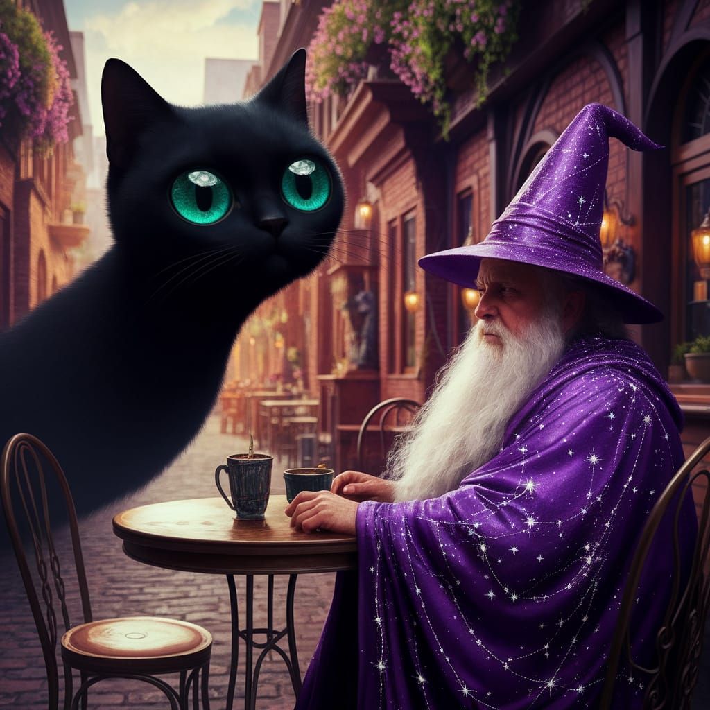 Sleek Black Cat Watches Over Wise Wizard in Vibrant Coffee S...