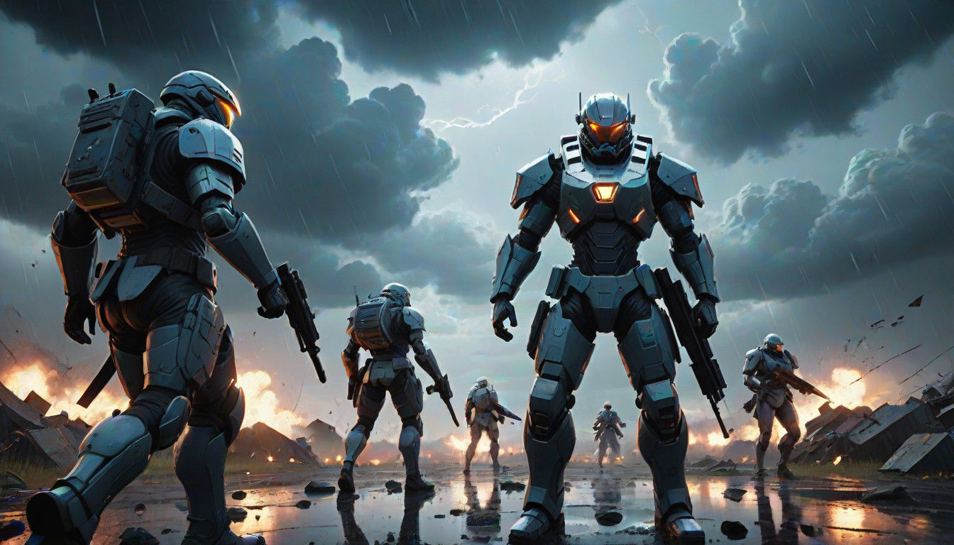 Futuristic Warriors Clash in Turbulent Stormy Skies