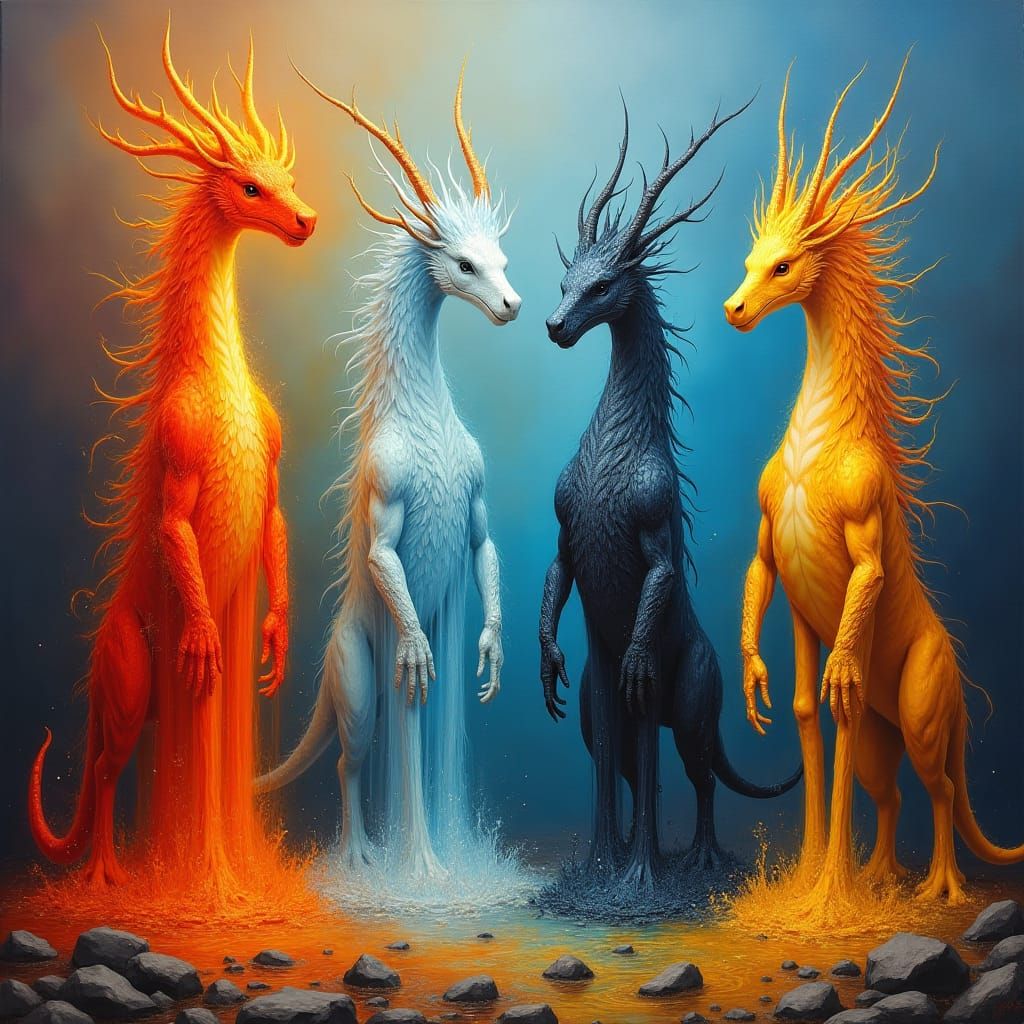 Four towering elemental creatures—one made of fire, another ...