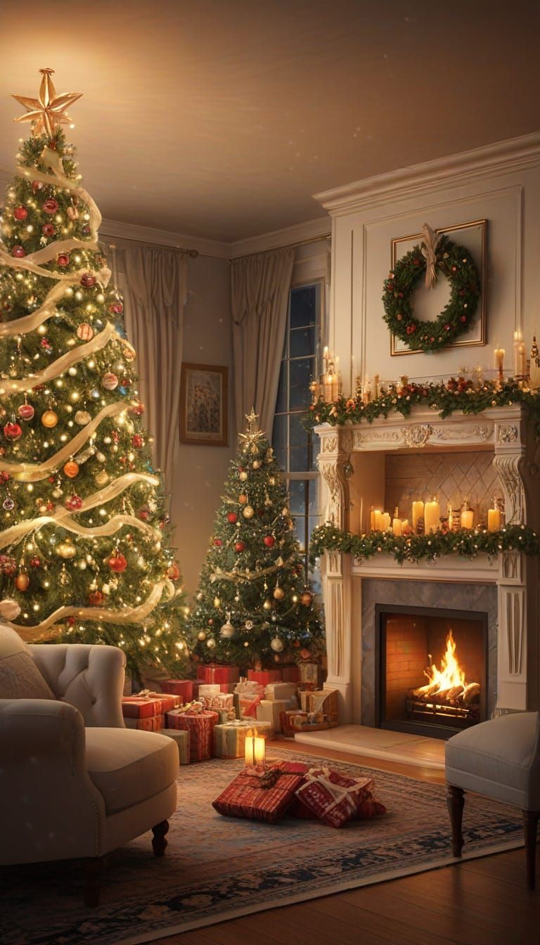 Magical Christmas Living Room Scene with Decorated Tree