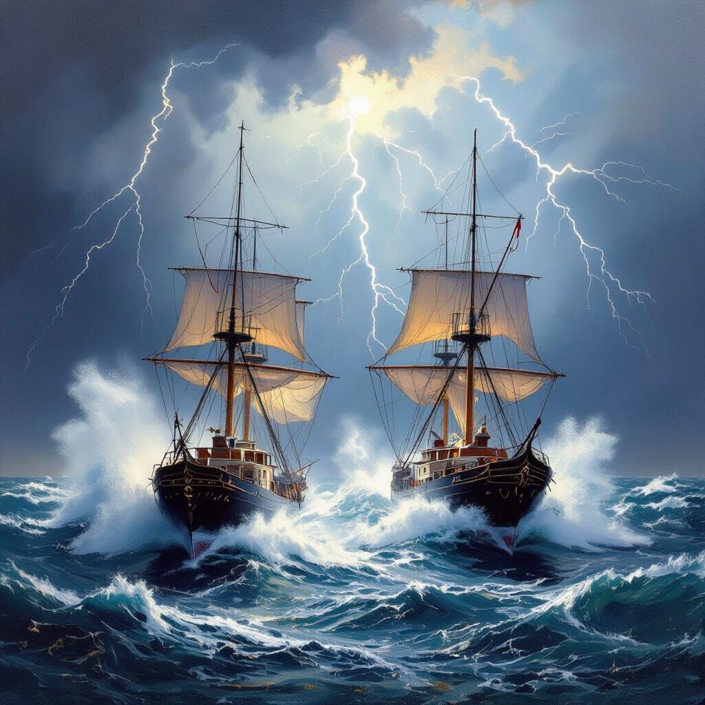 Frigates Battling Stormy Seas in Dramatic Painterly Style