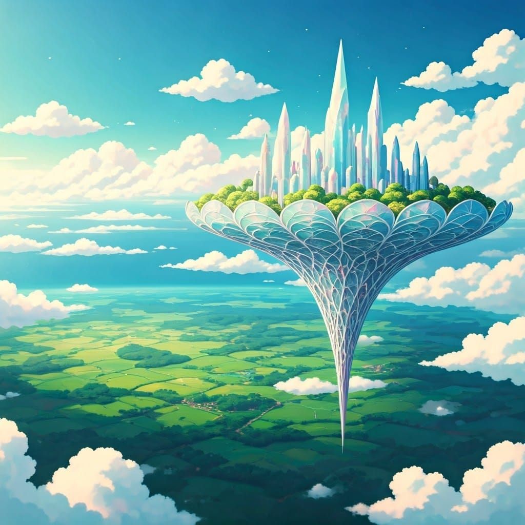 Solarpunk Metropolis Amidst Clouds