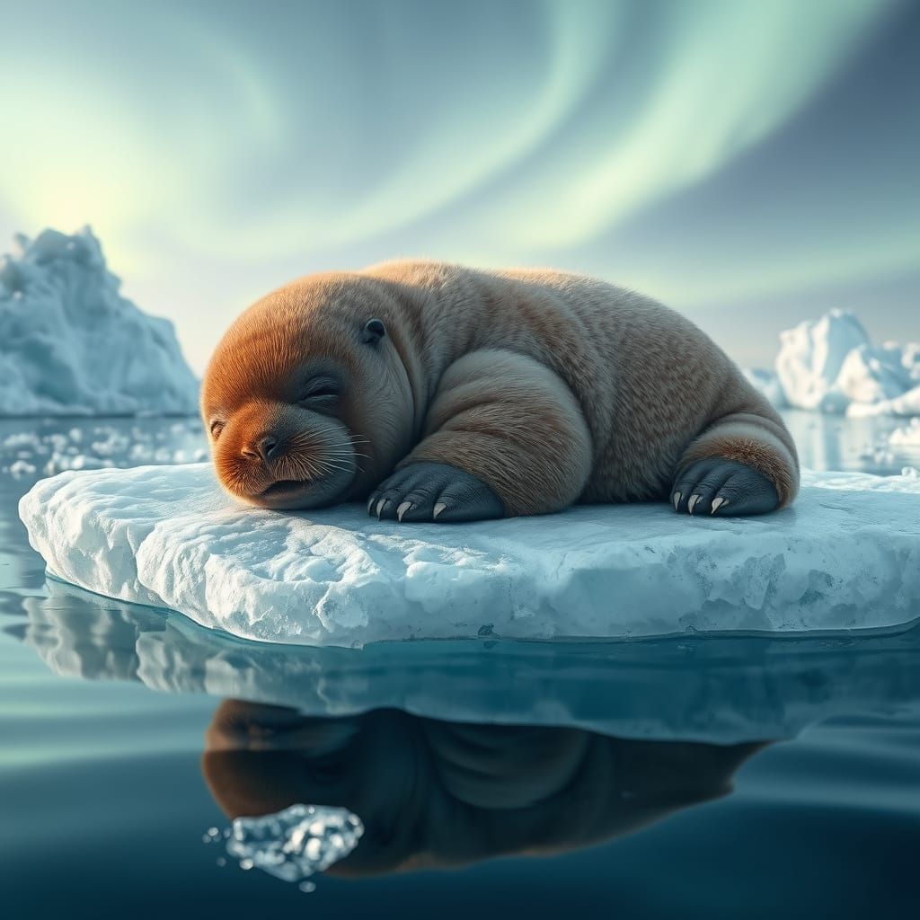Serene Baby Walrus on Majestic Iceberg Under Aurora Borealis