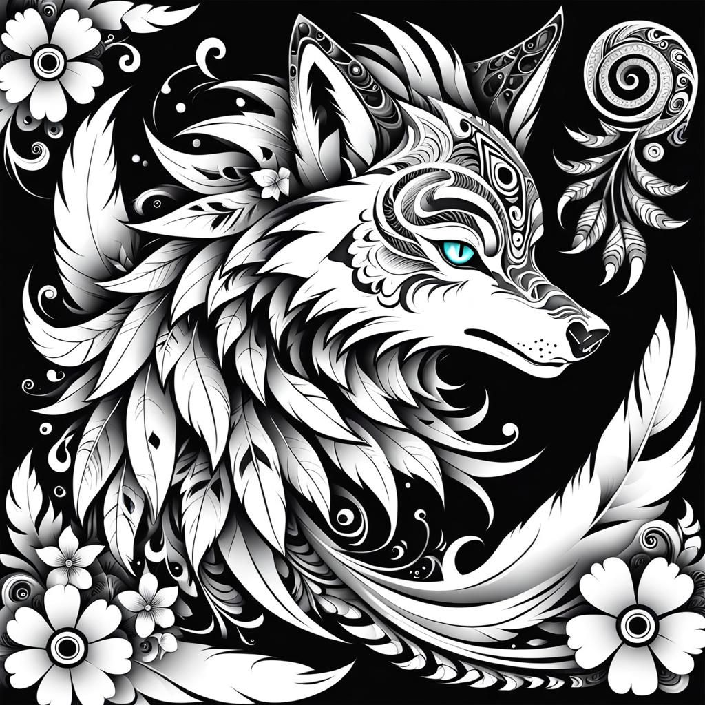 Tribal Wolf Tattoo Design with Flowers and Feathers