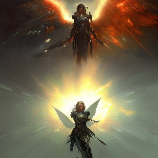 Angel of War and Green Supernova in Dark Fantasy Style