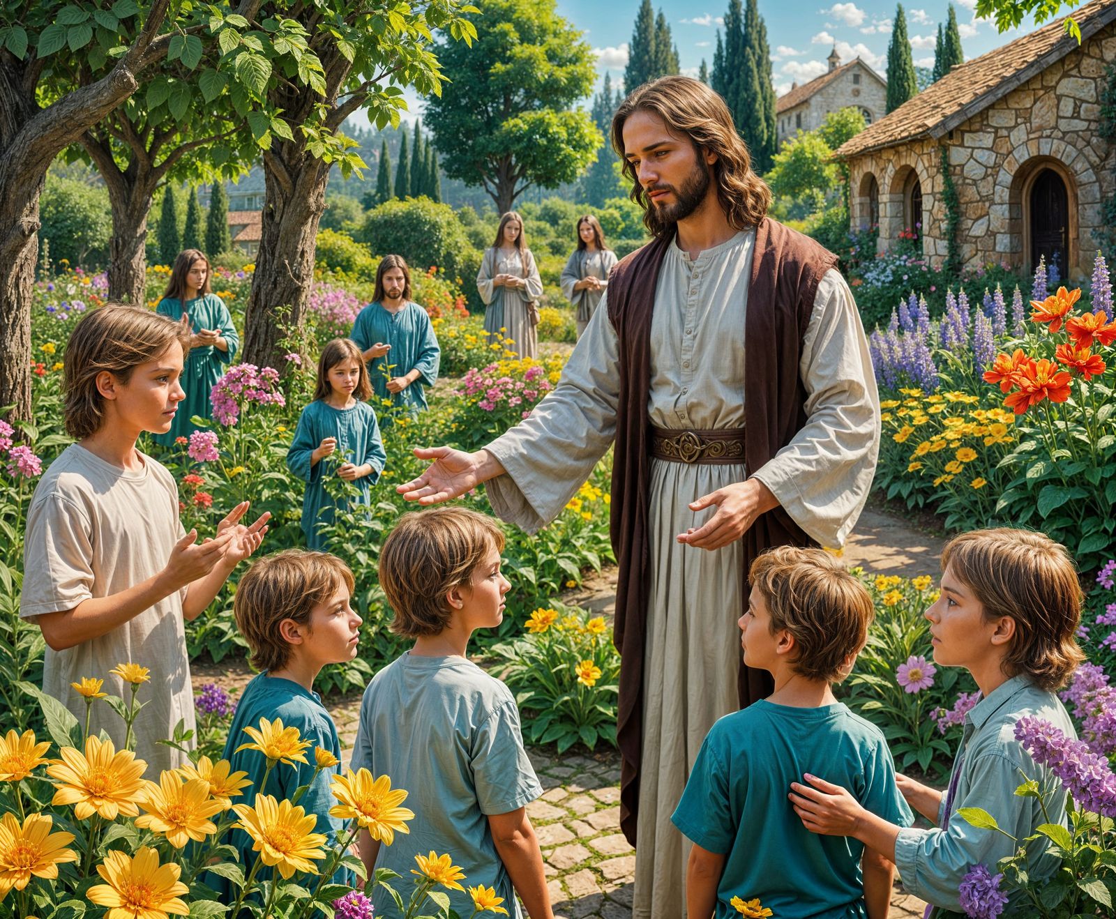 Jesus Blessing Children in Hyperrealistic Flower Garden