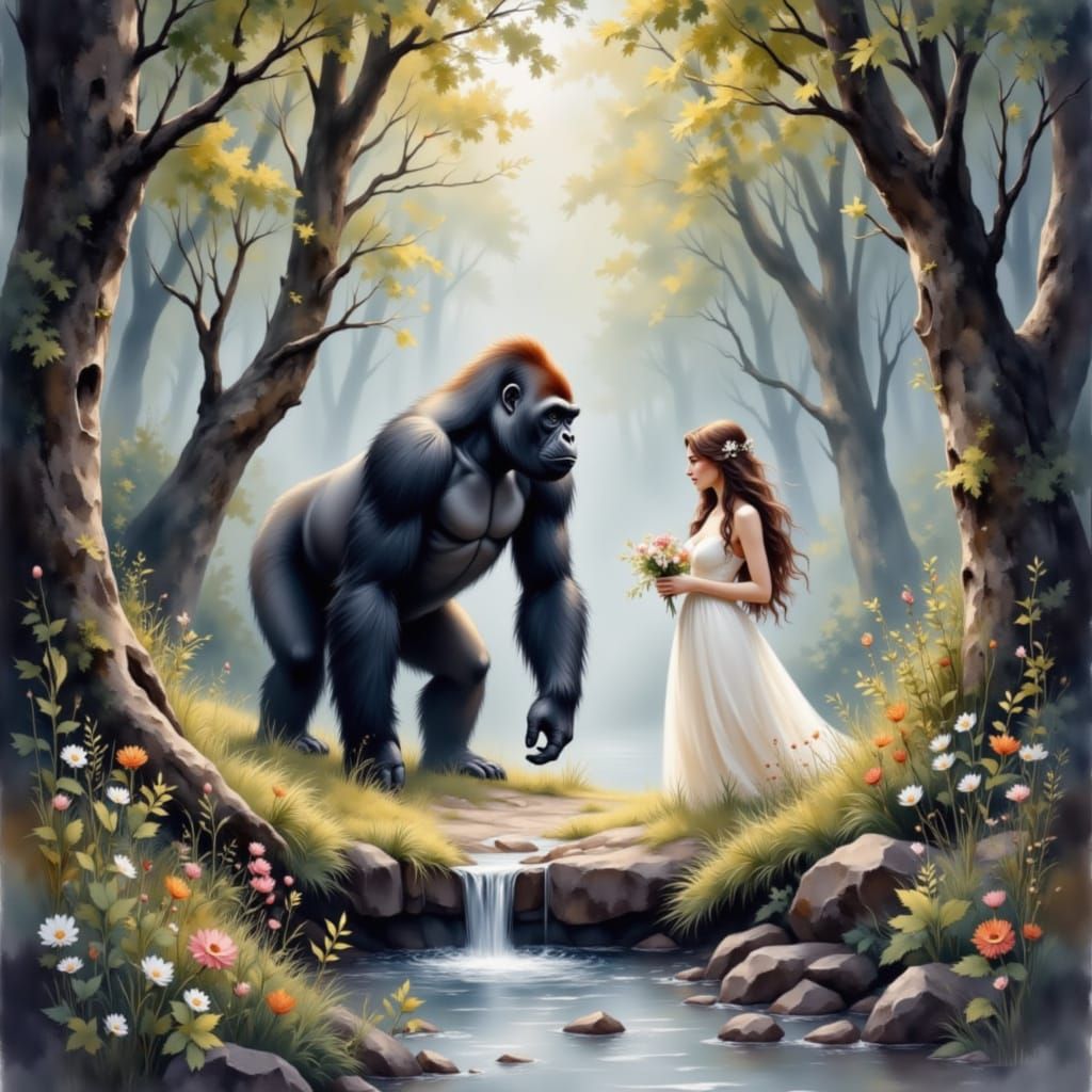 Gorillas Protect Couple in Misty Forest Watercolor