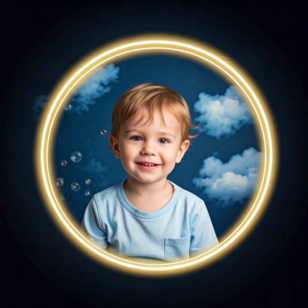 Boy in Golden Circle with Bubbles, Impressionistic Style