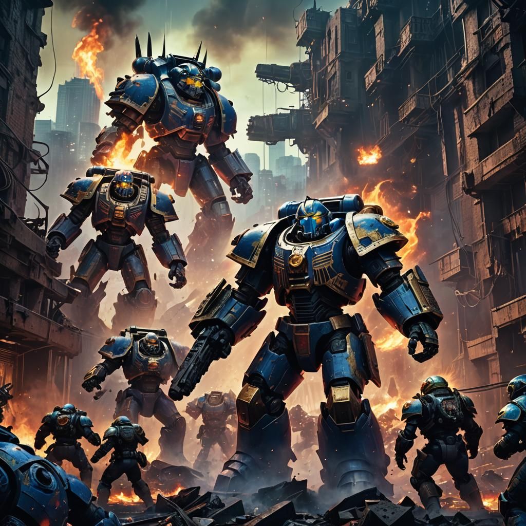 Space Marines vs Mecha Orcs in Ruined City